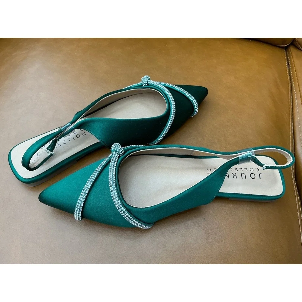 Journee Collection Rebbel Slingback Flats Womens‎ 5.5 Green Excellent Rhinestone